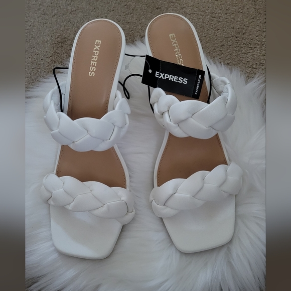 Express Shoes - Express Double Band Braided White Strappy Square Toe Heels